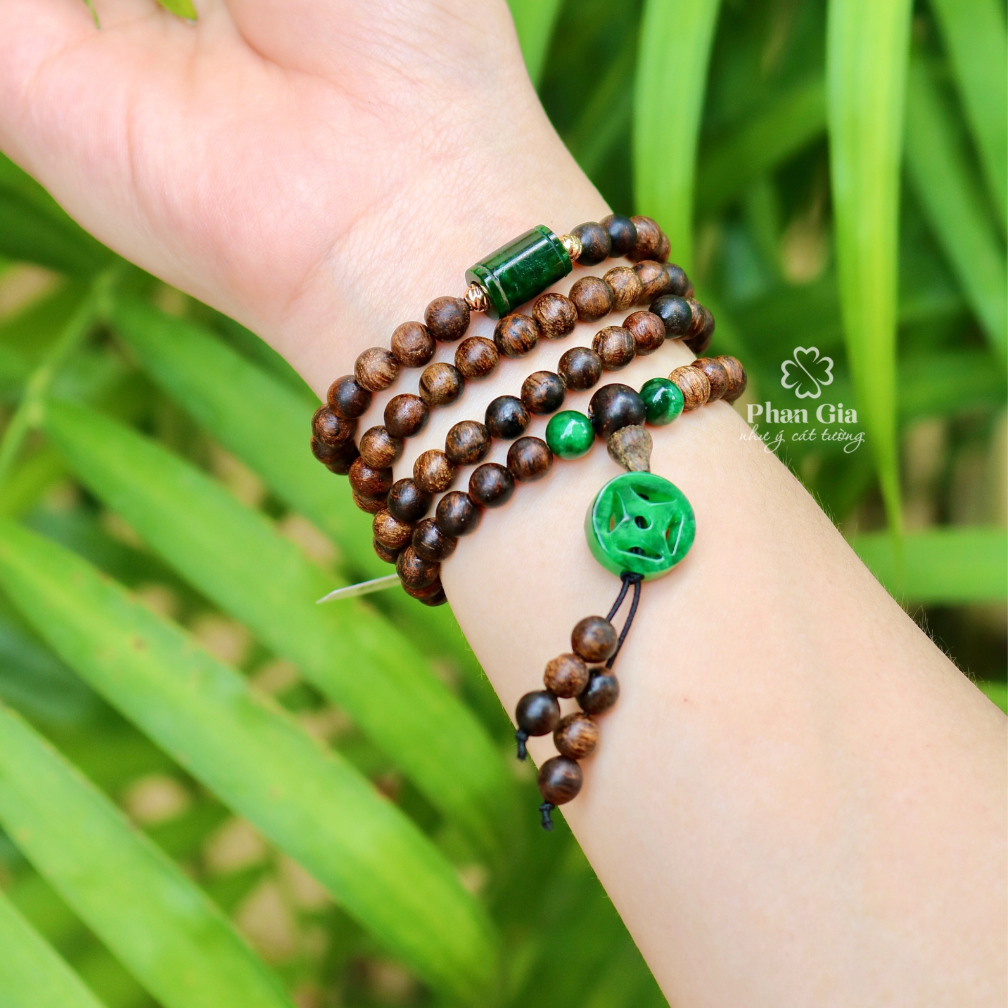  Vòng tay trầm hương Indo 108 hạt mix lu thống và đồng tiền ngọc phỉ thuý