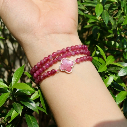  Vòng tay Tourmaline hồng mix cỏ bốn lá Rubi