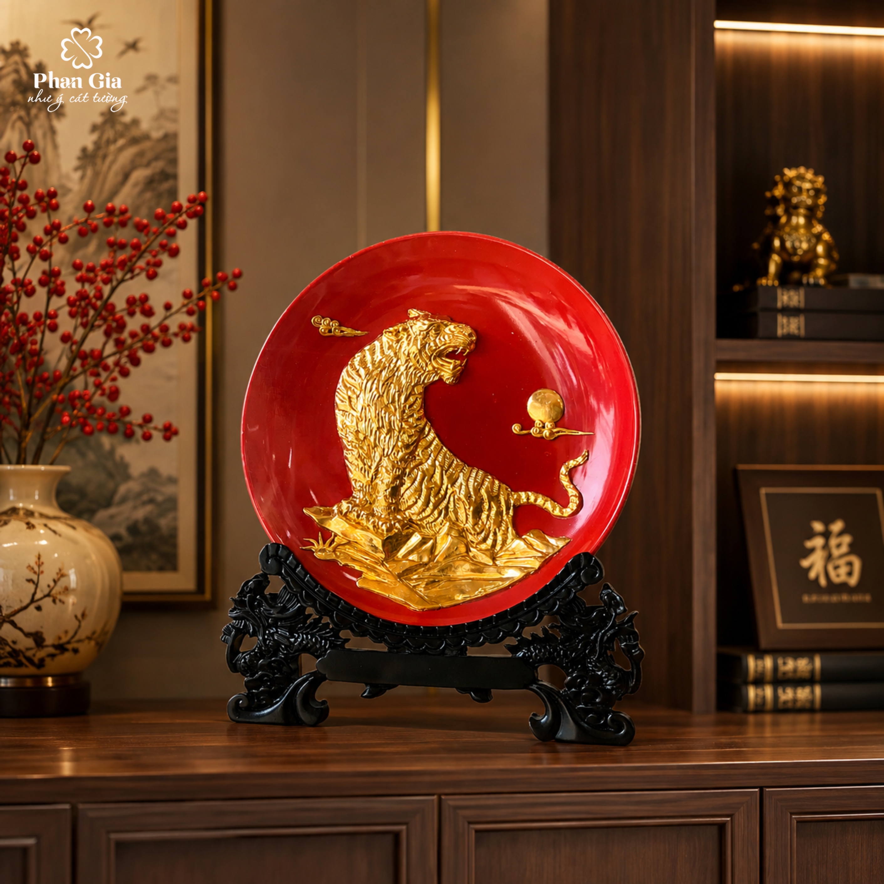  Đĩa men dát vàng 24k tượng hổ tại Nghệ An