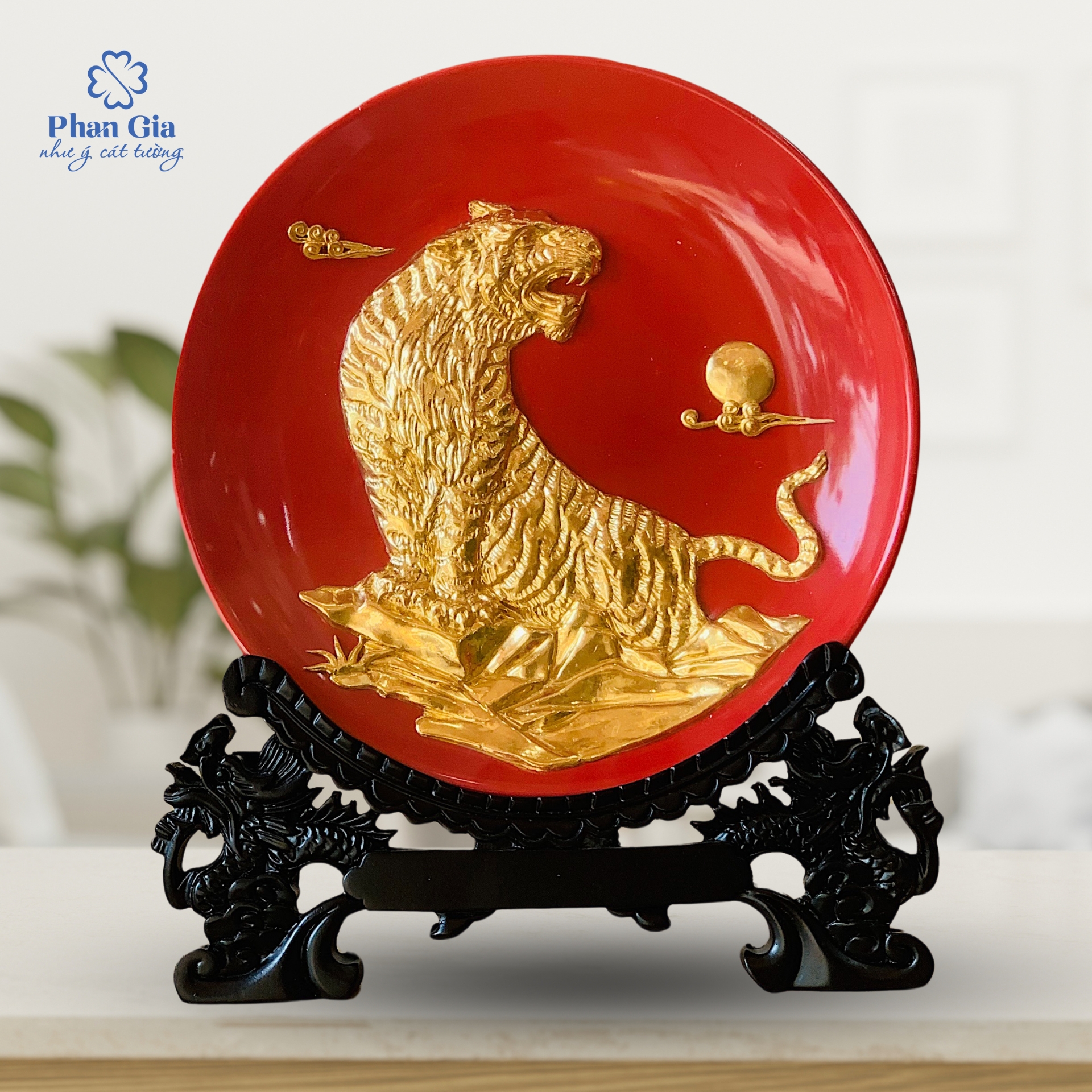  Đĩa men Hổ Phú Qúy dát vàng 24K