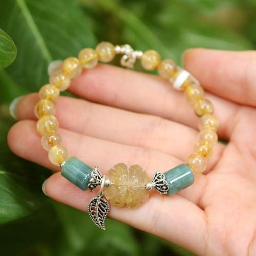  Vòng tay thạch anh tóc vàng mix charm