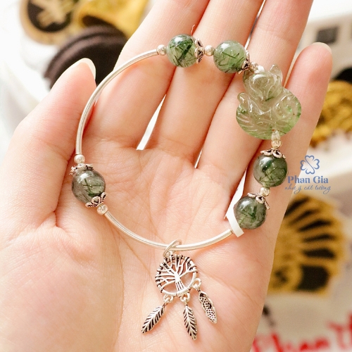  Vòng tay hồ ly thạch anh tóc xanh mix charm bạc
