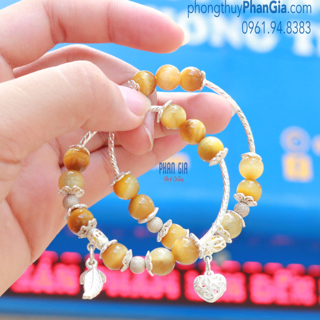  Vòng Tay Đá Mắt Hổ Vàng Tâm Mix Charm Bạc